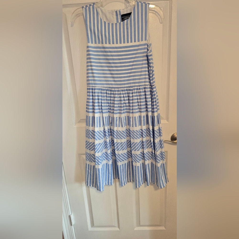 Lands End SIZE 14 Blue and White Striped Girls Dress